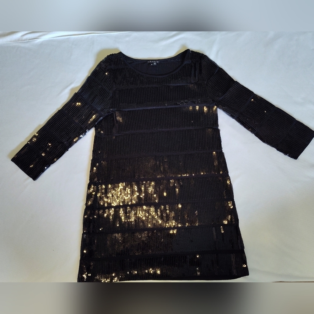 Theory Black Sequin 3/4 Length Long Sleeve Shift Dress Medium Like New